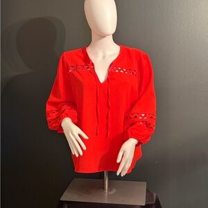 Comp Blu Vibrant Red Women's Blouse with Unique Cut-Out Details SZ PXL